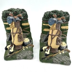 Vintage Golf Bag and Shoes Resin Bookends Set Green Brown Country Club Decor